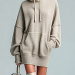 ElevenOra Chic Casual Beige Hooded Drawstring Oversized Long-Sleeve Knit Mini Dress