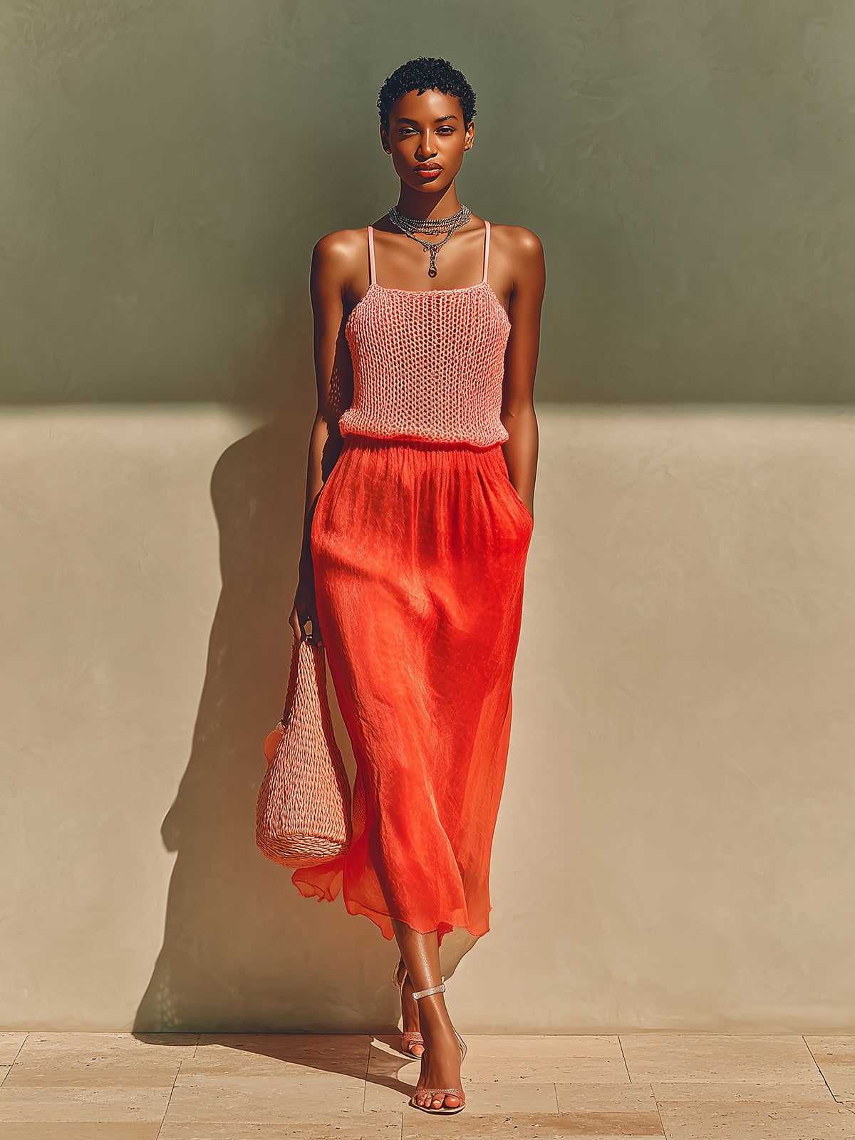 ElevenOra Chic Elegant Pink Square Neck Sleeveless Knit Camisole Red Elastic Waist Satin Midi Skirt Two-Piece Set