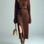ElevenOra Chic Cozy Brown Turtleneck Long Sleeve Slim-Fit Belted Side Slit Knit Midi Dress