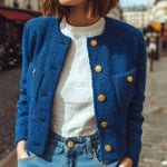 ElevenOra Chic Elegant Royal Blue Gold Button Patch Pocket Cropped Knit Cardigan