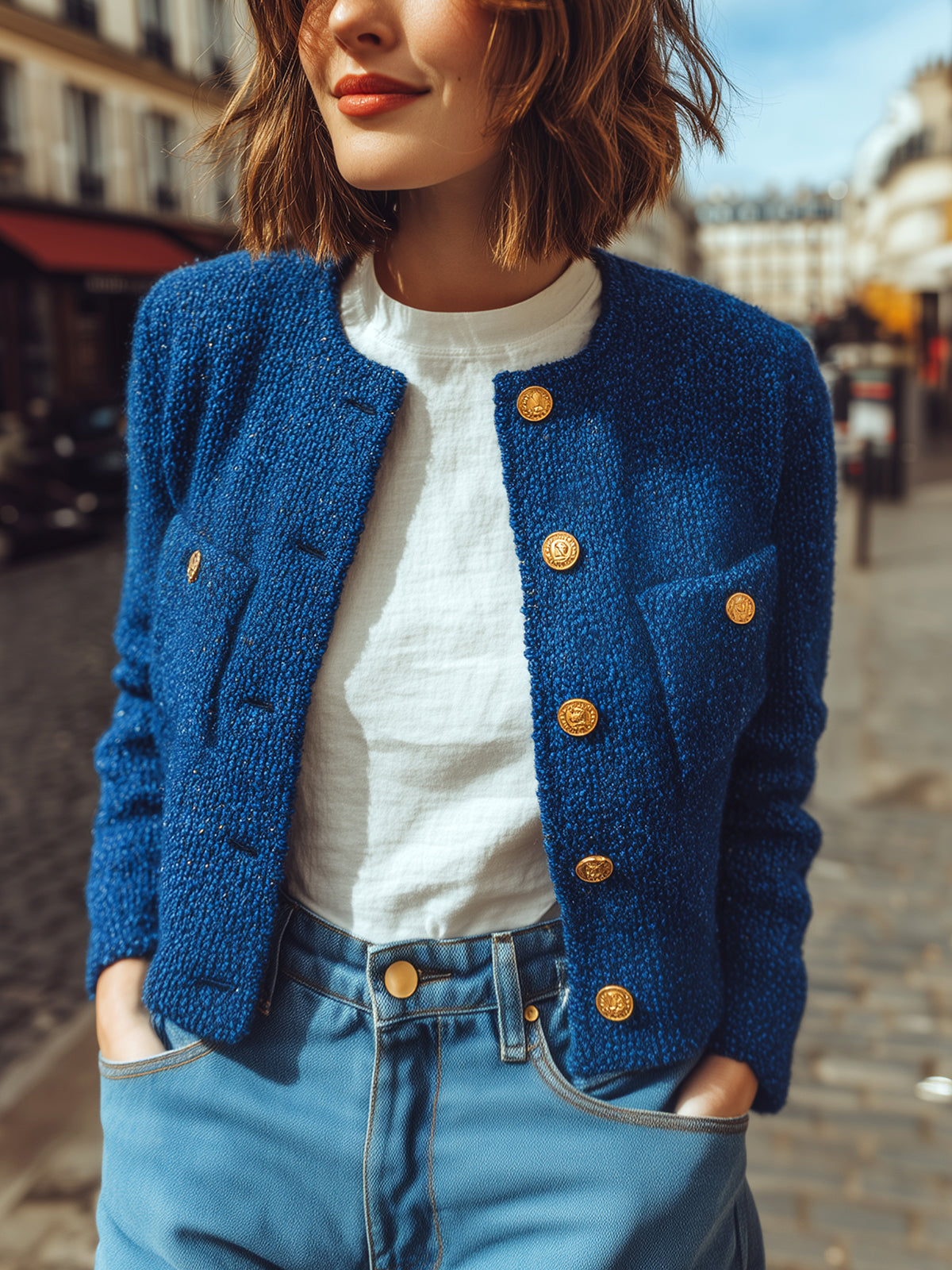 ElevenOra Chic Elegant Royal Blue Gold Button Patch Pocket Cropped Knit Cardigan