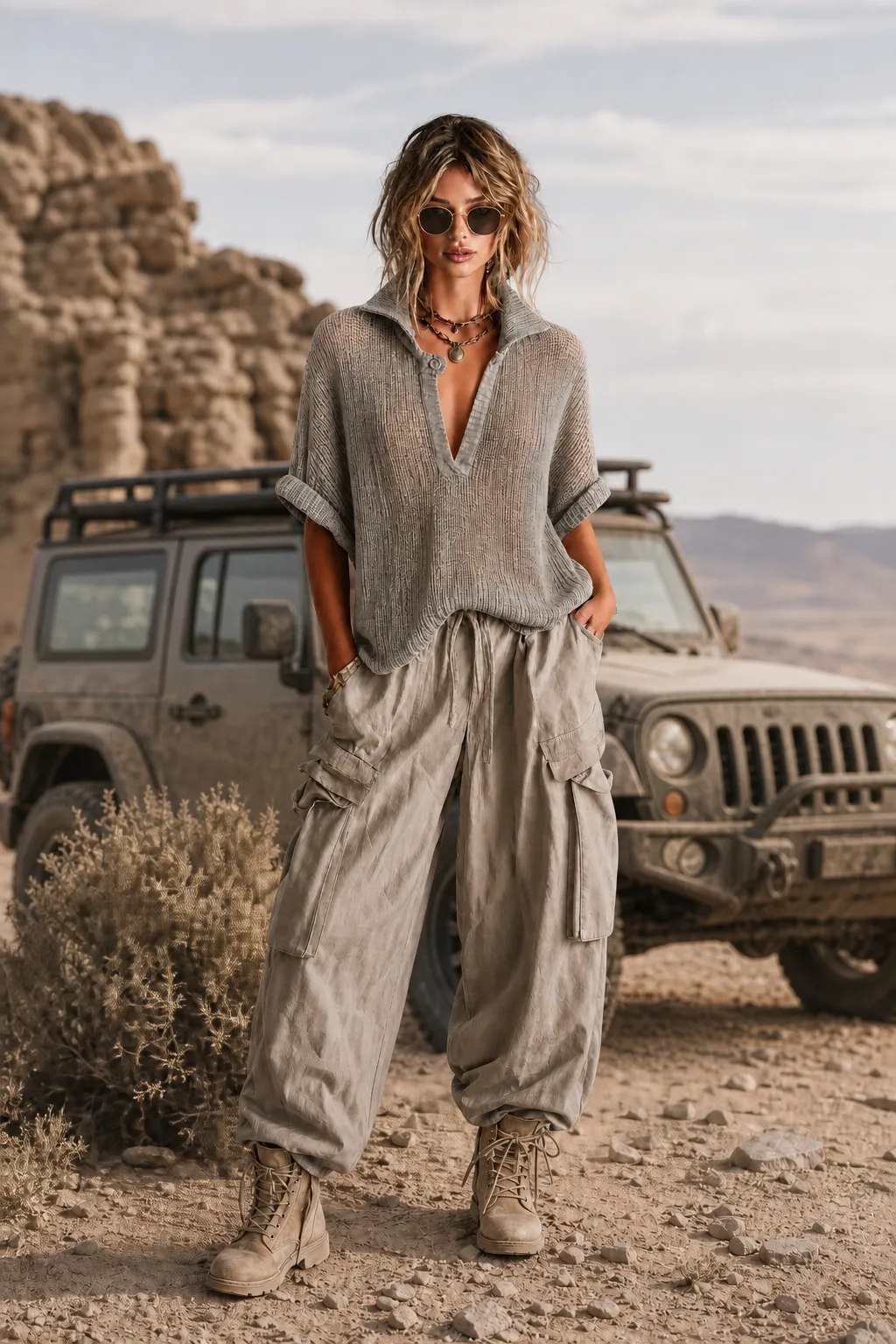 ElevenOra Chic Casual Dusty Grey Lapel-Collar V-Neck Button-Detail Half‑Sleeve Loose-Fit Mesh Knit Sweater Top