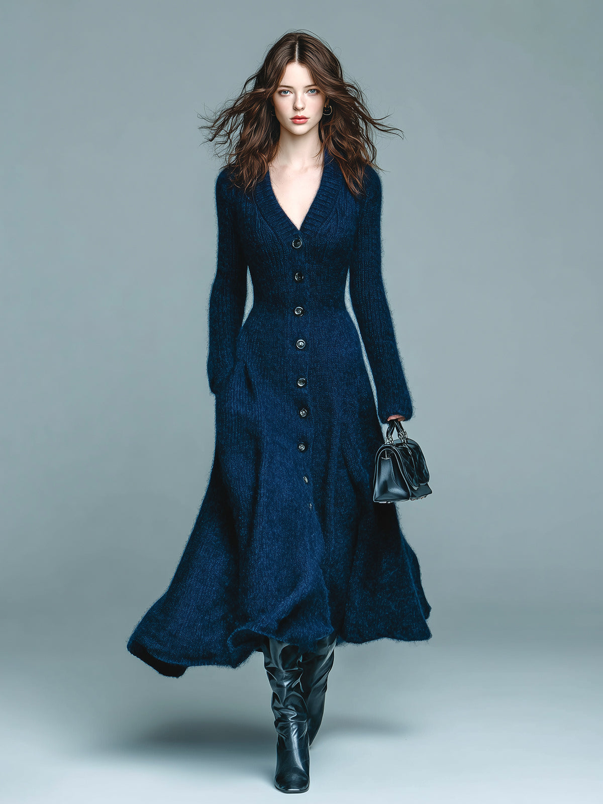 ElevenOra Chic Elegant Royal Blue V-Neck Single-Breasted Long Sleeve Slim Fit Fuzzy Knit Flared Hem Maxi Dress