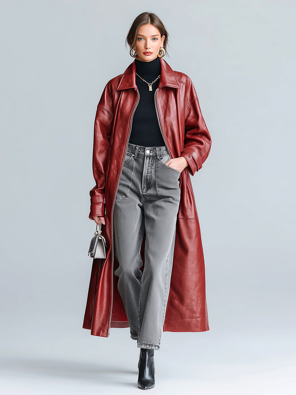 ElevenOra Chic Vintage Burgundy Faux Leather Lapel Zipper-Front Long Sleeve Oversized Maxi Trench Coat