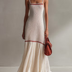 ElevenOra Chic Elegant Cream White Spaghetti Straps Square Neck Sleeveless Slim-Fit Patchwork Hem Ribbed Knit Holiday Maxi Dress