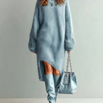 ElevenOra Chic Elegant Gray Henley Collar Long Lantern Sleeve Oversized Asymmetrical Hem Fuzzy Knit Midi Dress