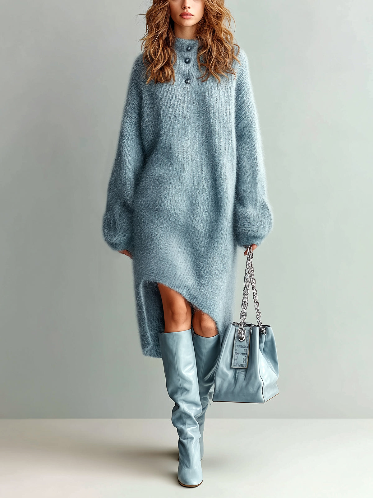 ElevenOra Chic Elegant Gray Henley Collar Long Lantern Sleeve Oversized Asymmetrical Hem Fuzzy Knit Midi Dress