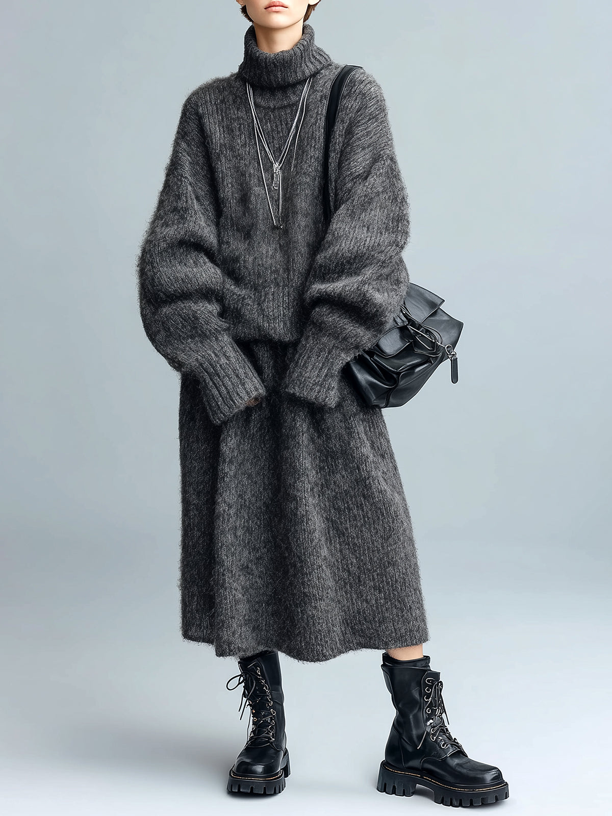 ElevenOra Chic Casual Oversized Turtle Neck Long-sleeve Sweater Elastic Waist Midi Skirt Warm Knit Two-piece Set