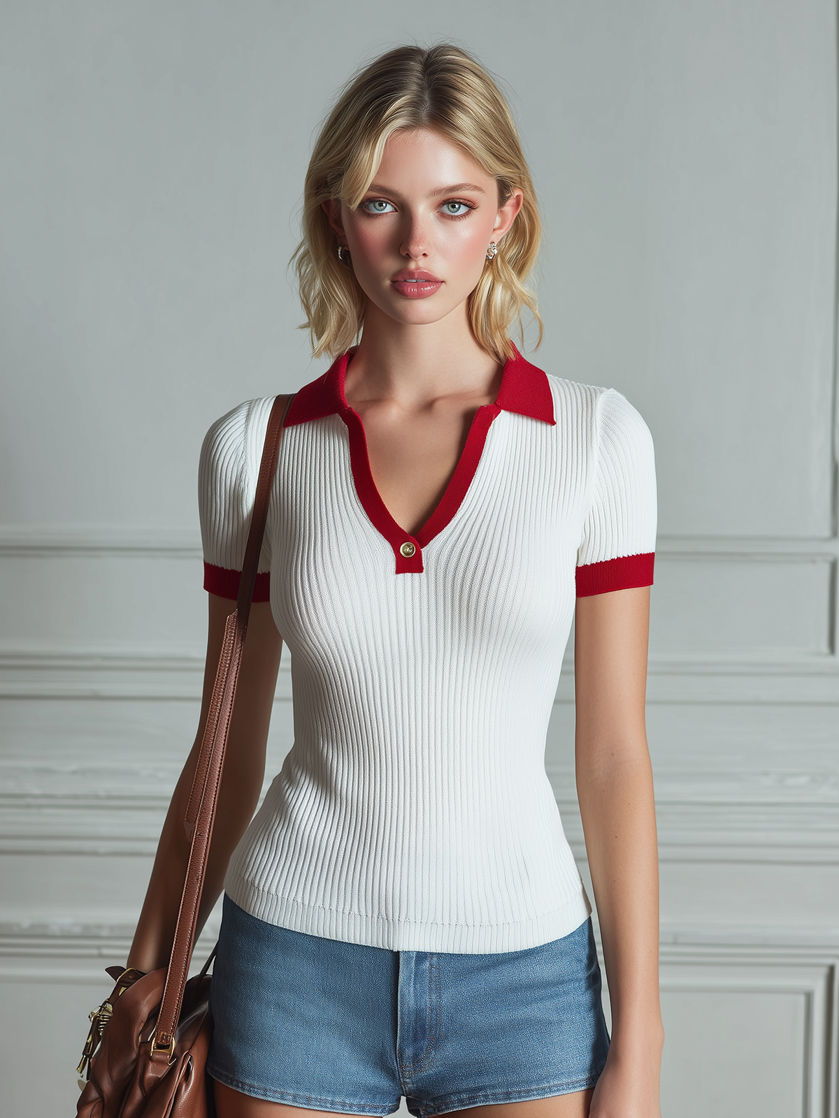 ElevenOra Chic Casual White Lapel V-Neck Botton Contrast Red Trim Tailored Waist Short Sleeved Knit Pullover Sweater
