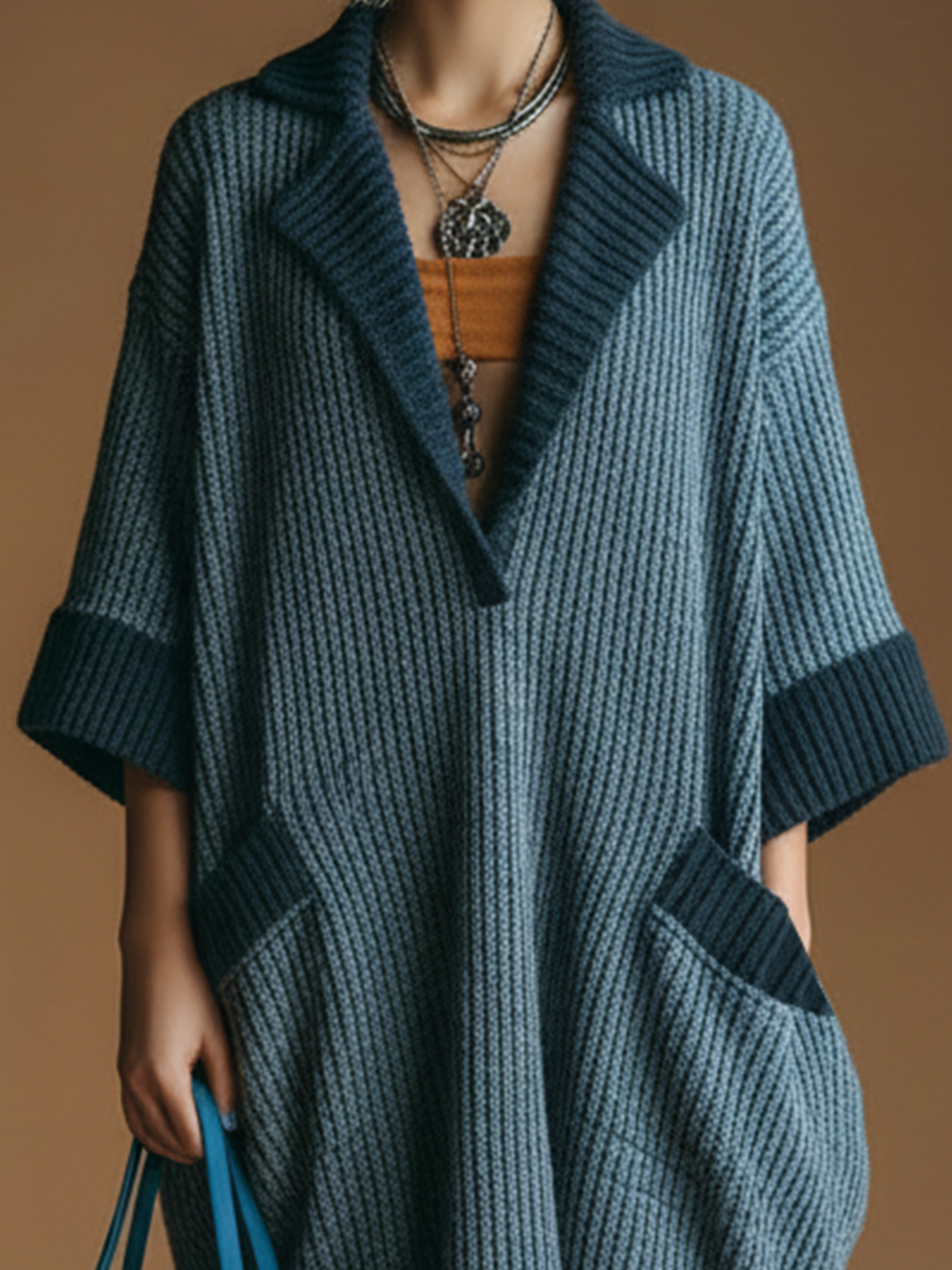 ElevenOra Chic Casual Dark Blue Notch Laple Contrast Trim Short-Sleeve Loose Ribbed Knit Midi Dress