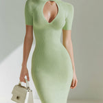 ElevenOra Chic Elegant Light Green Mock Neck Cutout Short Sleeve Slim-Fit Ribbed Knit Bodycon Mini Dress