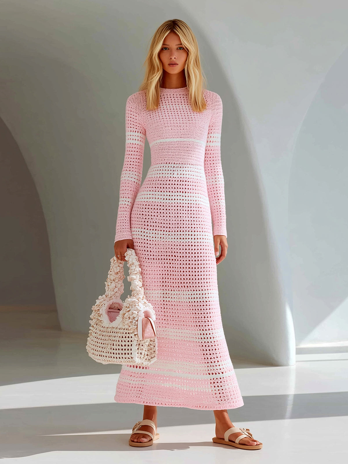 ElevenOra Chic Elegant Pink-White Stripes Round-Neck Long-Sleeve Tailored Waist A-Line Mesh Knit Holiday Maxi Dress