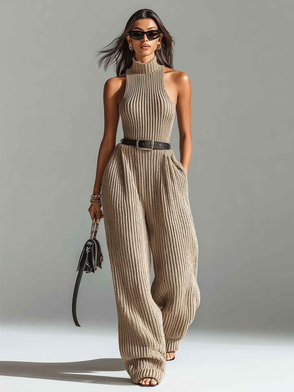 ElevenOra Chic Elegant Camel Mock-Neck Sleeveless Slim Fit Belted Waist Wide-Leg Ribbed Knit Jumpsuit