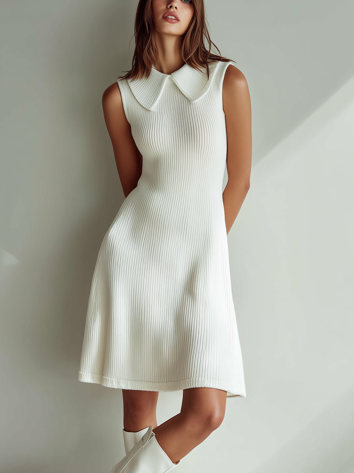 ElevenOra Chic Casual White Peter Pan Collar Sleeveless Slim Fit Knit Dress