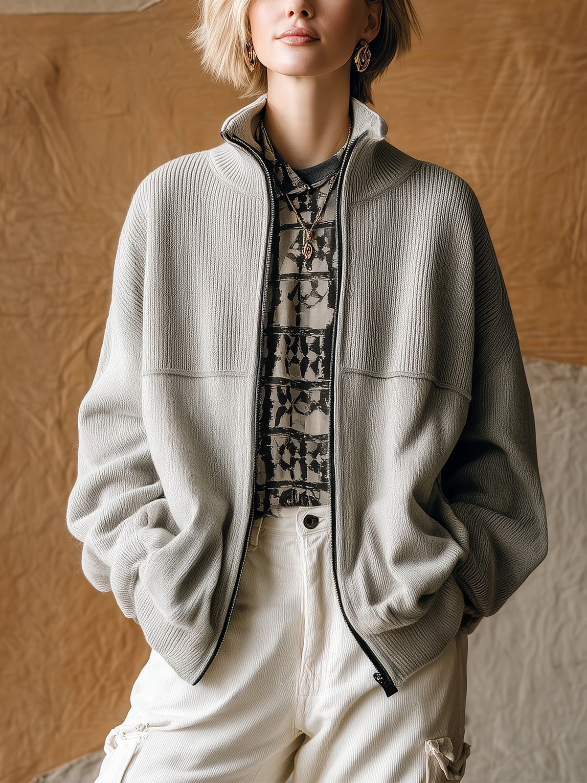 ElevenOra Chic Vintage Light Gray Stand Collar Zipper-Front Long Sleeve Oversized Knit Cardigan