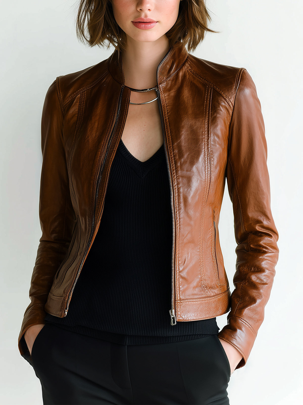 ElevenOra Chic Vintage Caramel Brown Faux Leather Stand-Collar Zipper Slim-Fit Cropped Biker Jacket