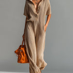 ElevenOra Chic Elegant Camel Lapel Button-Up V-Neck Short-Sleeve Loose-Fit Lantern Pants Ribbed Knit Jumpsuit