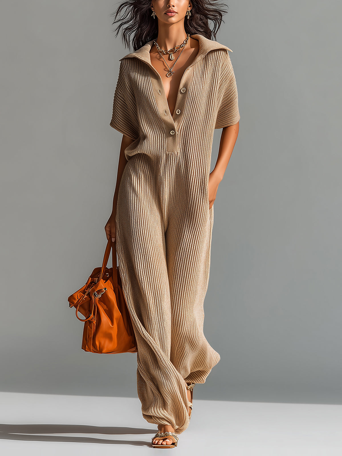 ElevenOra Chic Elegant Camel Lapel Button-Up V-Neck Short-Sleeve Loose-Fit Lantern Pants Ribbed Knit Jumpsuit