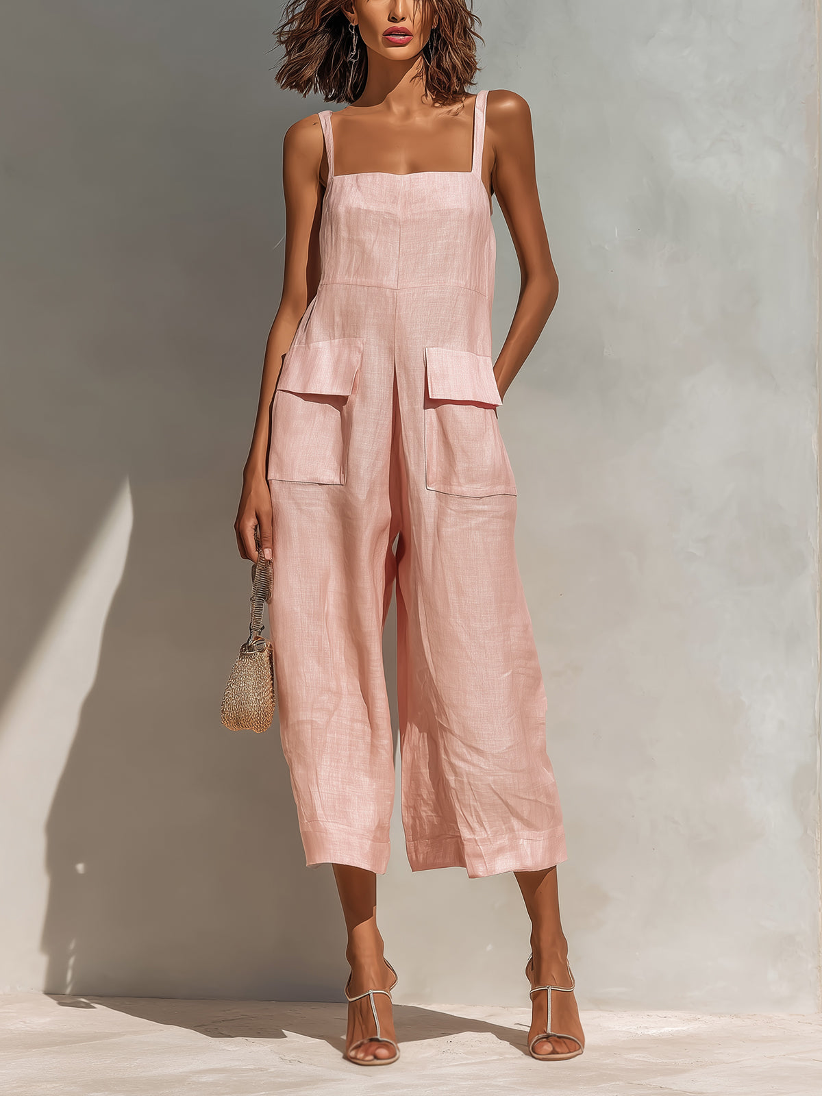 ElevenOra Chic Elegant Pink Cotton Linen Blend Thin Straps Sleeveless  Patch Pockets Loose-Fit Wide-Leg Cropped Jumpsuit