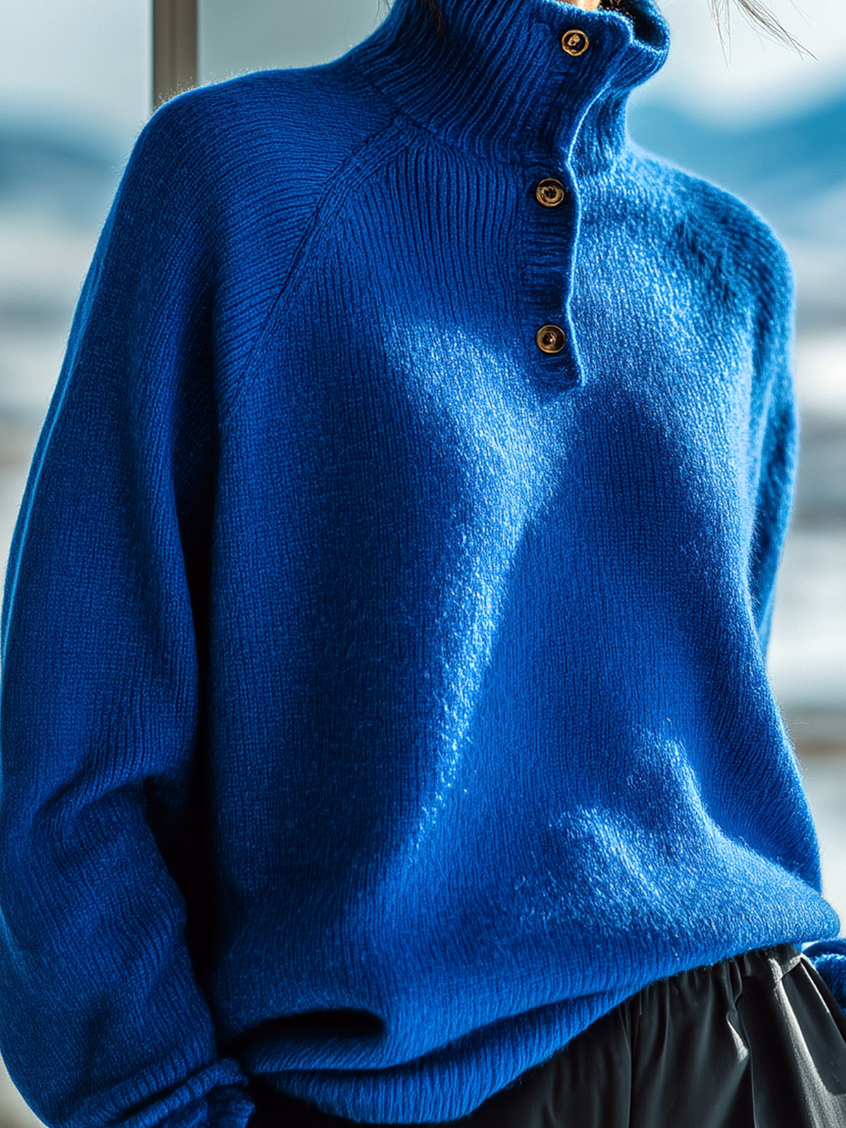 ElevenOra Casual Chic Half-Turtleneck Button-Detail Long Sleeve Slouchy Knit Sweater