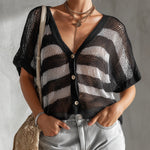 ElevenOra Chic Casual Black-White Stripes V-Neck Single-Breasted Short-Sleeve Loose-Fit Knit Cardigan Top