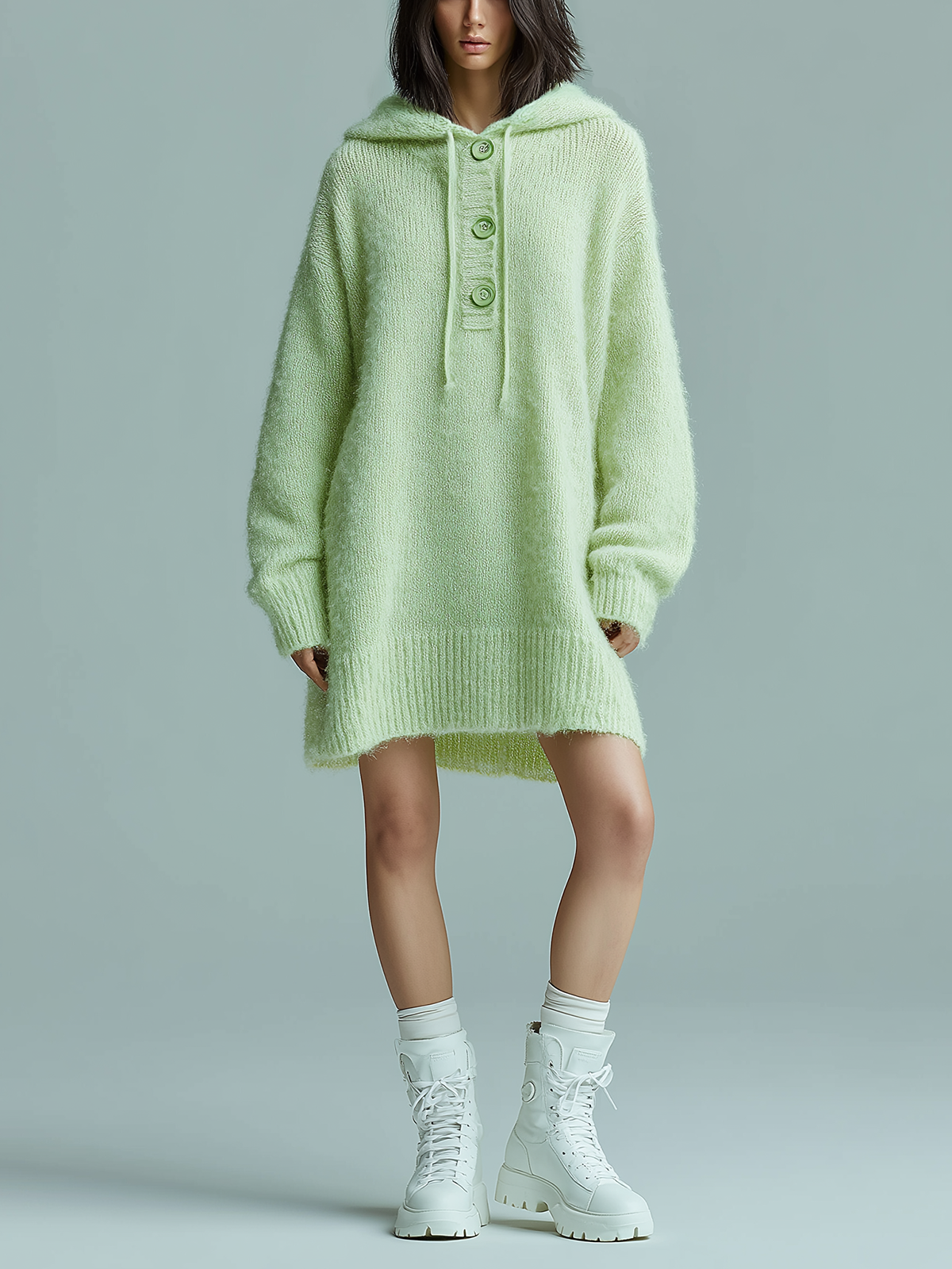 ElevenOra Chic Casual Light Green Hooded Drawstring Botton Oversized Long Sleeve Knit Mini Dress
