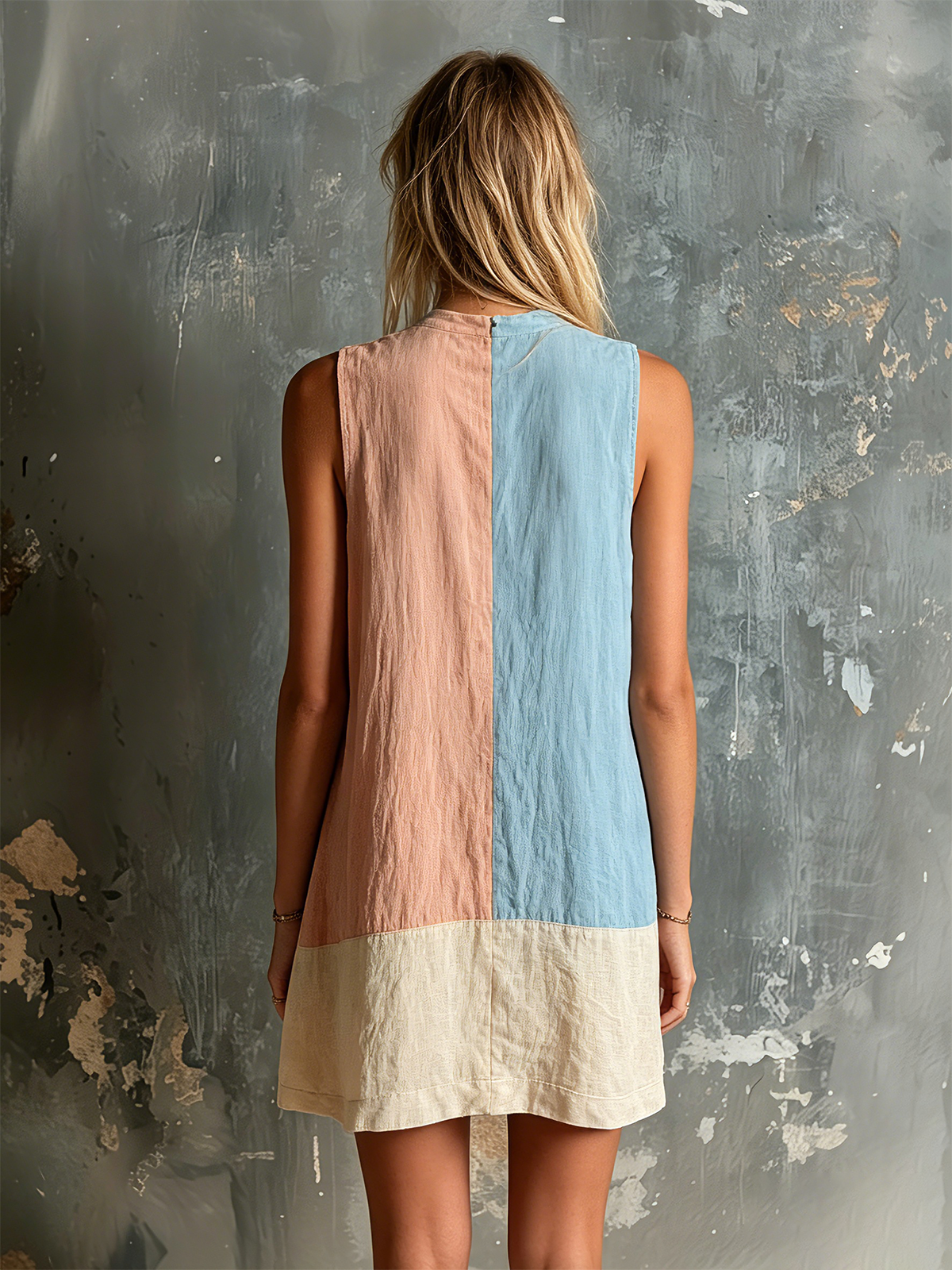 ElevenOra Chic Casual Pink-Blue Colorblock Round-Neck Sleeveless Loose-Fit Cotton-Linen Blend Mini Dress
