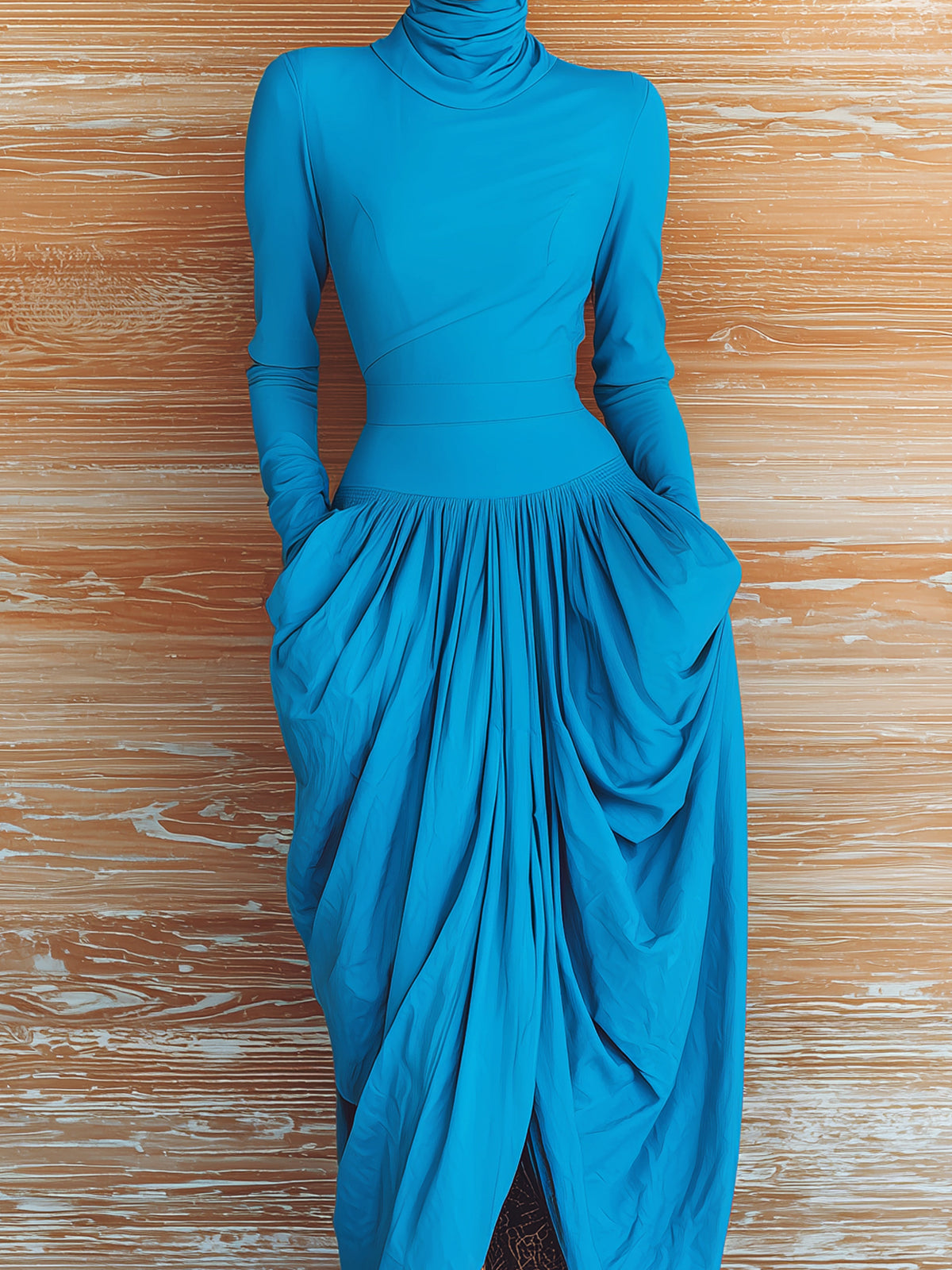 ElevenOra Chic Vintage Dark Blue Turtleneck Slim-Fit Long-Sleeve Top Ruched Irregular Hem Maxi Skirt Two-Piece Set