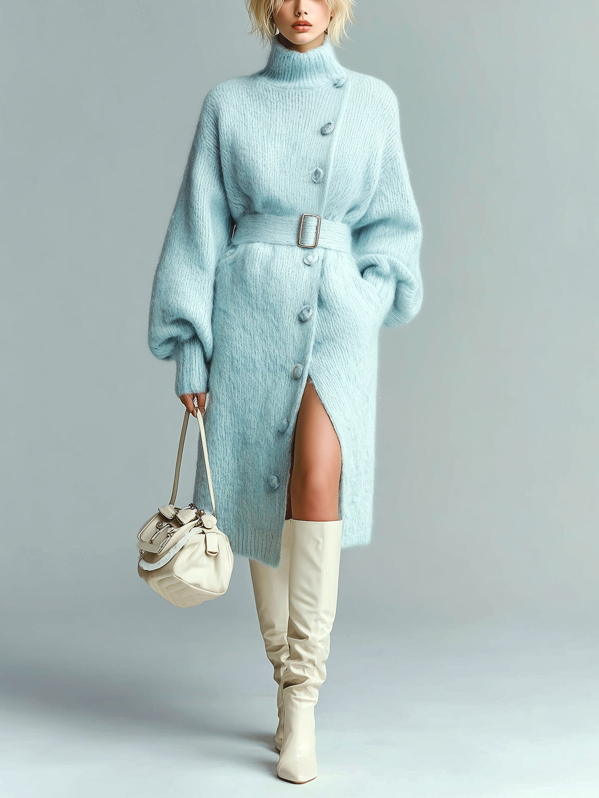 ElevenOra Chic Vintage Light Blue Mock Neck Button-Front Lantern Sleeve Belted Slit Knit Mini Dress