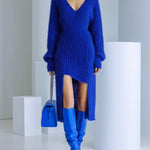 ElevenOra Chic Elegant Royal Blue V-Neck Long Sleeve Asymmetrical Hem Slim-Fit Fuzzy Ribbed Knit Midi Dress