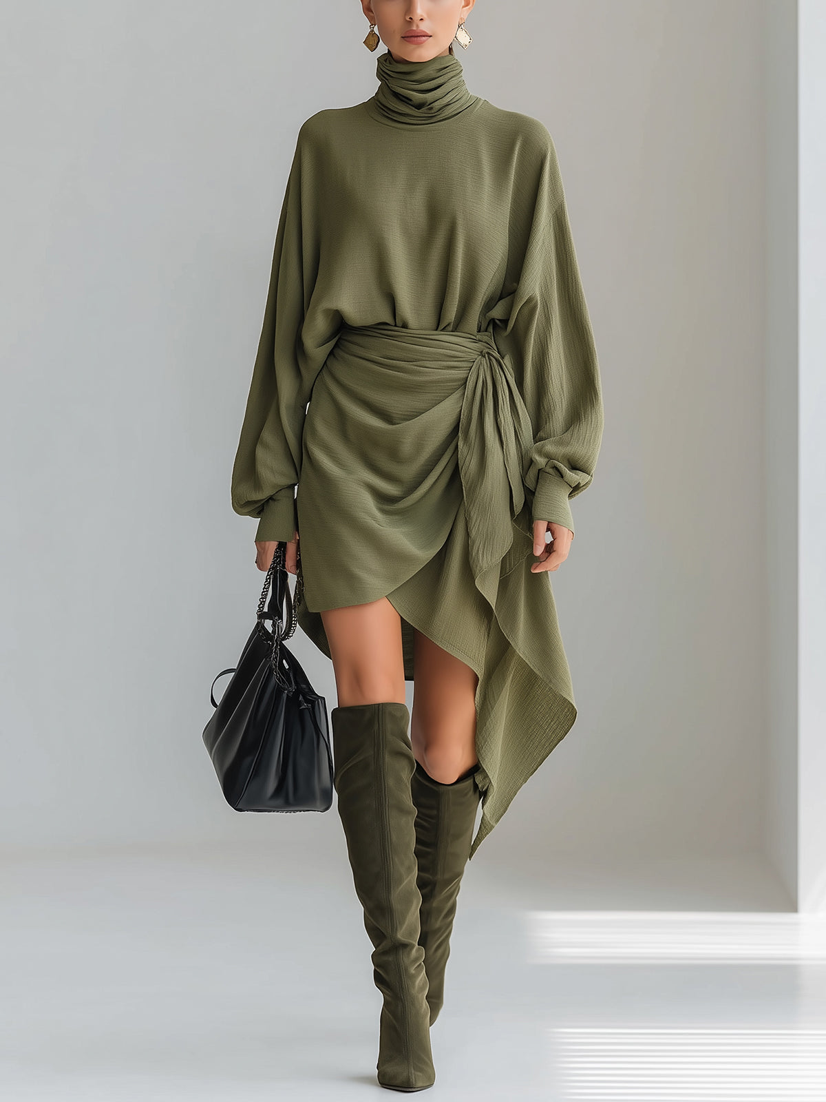 ElevenOra Chic Vintage Army Green Turtleneck Long Lantern Sleeve Oversized Shirt Knot Pleated Mini Skirt Two-Piece Set