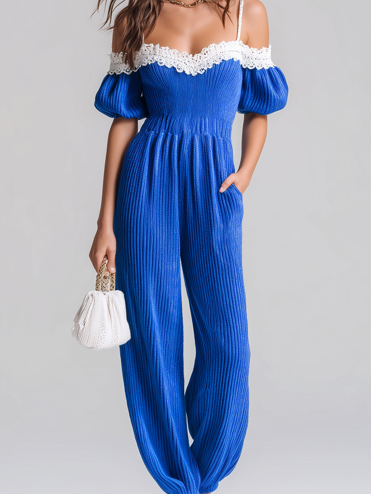 ElevenOra Chic Elegant Royal Blue Off-The-Shoulder Short-Sleeve Lace Details Elastic Waist Loose-Fit Knit Harem Jumpsuit