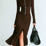 ElevenOra Elegant Mock Neck Button Detail Long Sleeve Fitted Knit Sweater With Slit Flounce Hem Midi Skirt Two-Piece Set