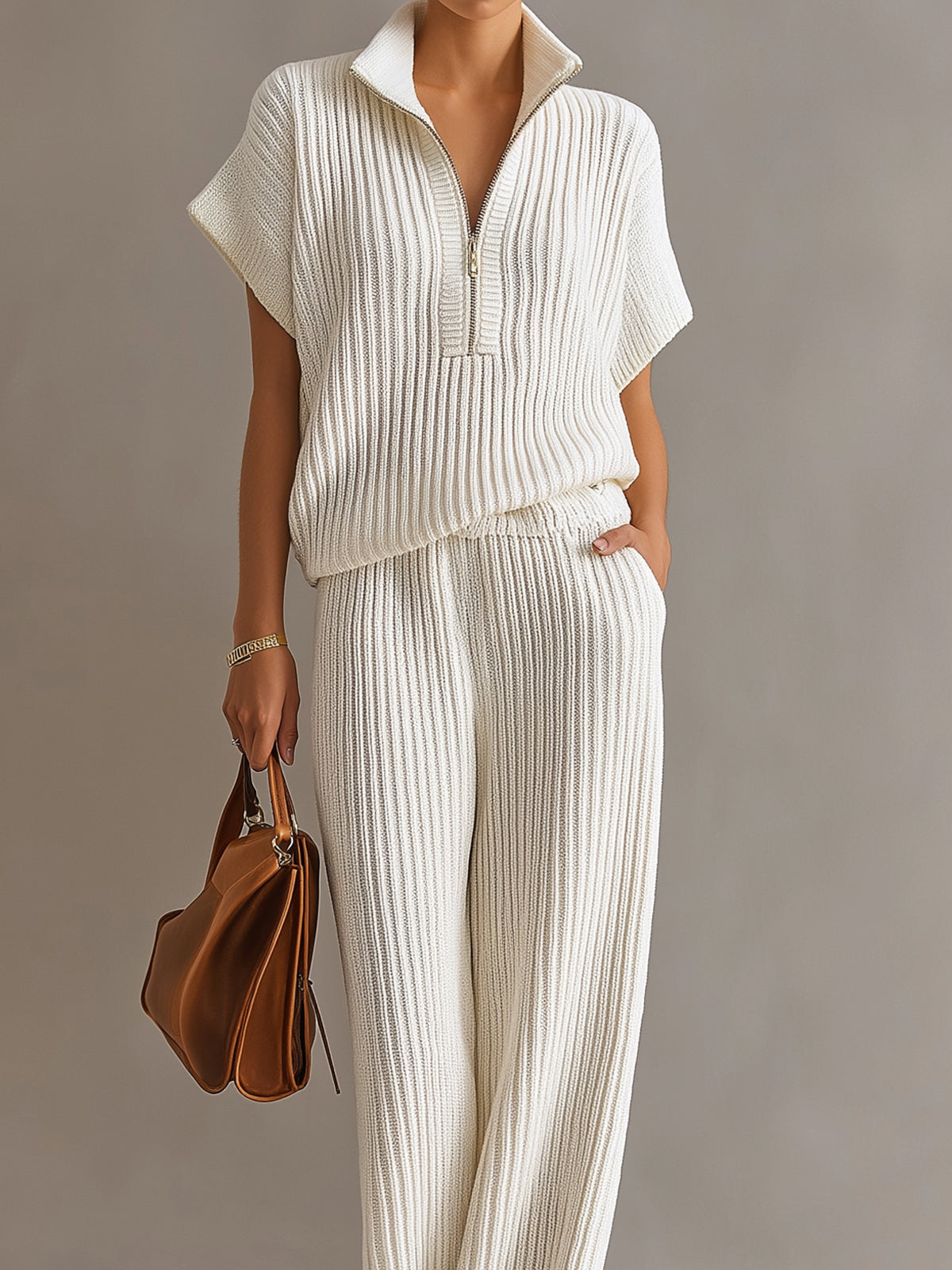 ElevenOra Chic Elegant Cream White Zipper-Up Stand Collar Oversize Short-Sleeve Sweater  Wide-Leg Pants Ribbed Knit Two-Piece Set