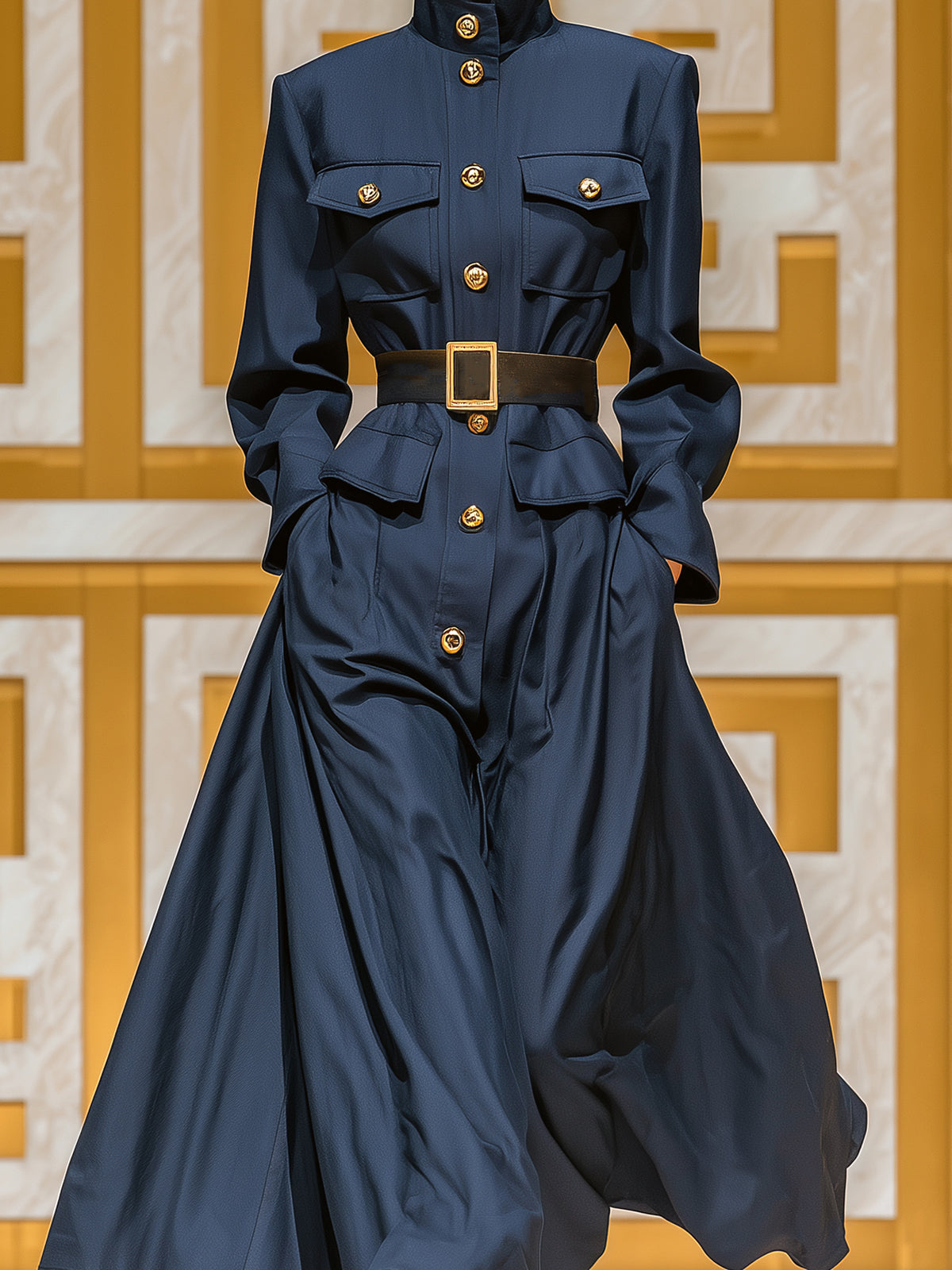ElevenOra Chic Casual Navy Blue Cotton Blend Stand Collar Single Breasted Utility Pocket Belted Maxi Dress Coat