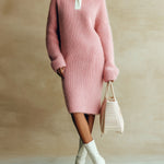 ElevenOra Chic Elegant Pink Contrast Lapel Collar Long Sleeve Loose Ribbed Knit Midi Dress