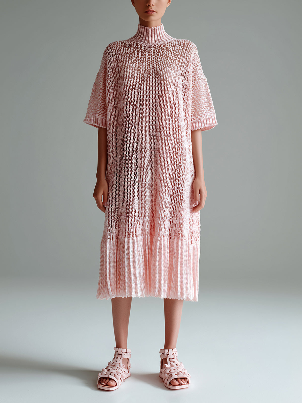 ElevenOra Chic Elegant Pink Mock Neck Short-Sleeve Pleated Hem Loose-Fit Hollow-Out Knit Midi Dress