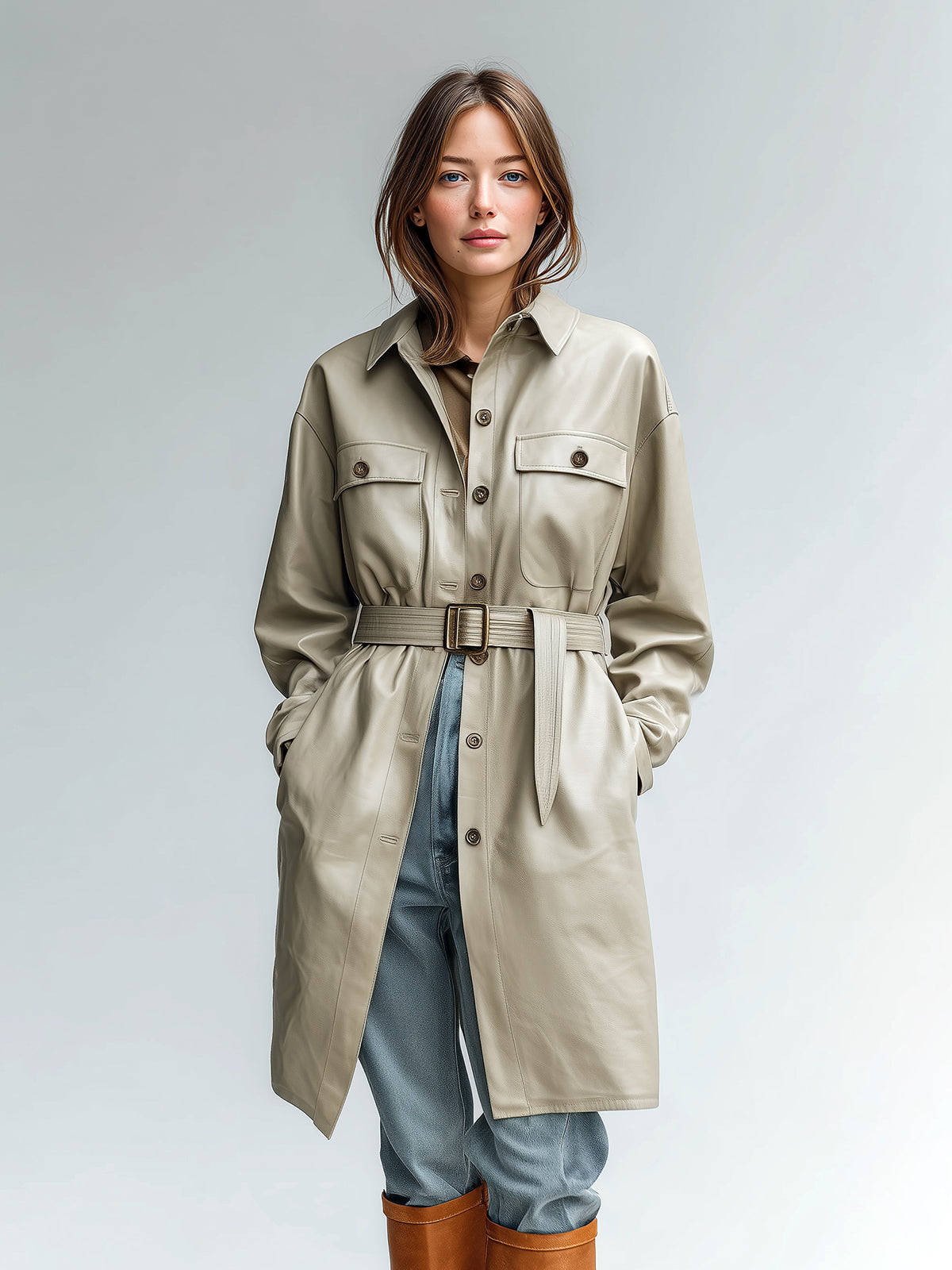 ElevenOra Chic Casual Light Khaki Faux Leather Utility-Style Lapel Single Breasted Belted Mid-Length Coat