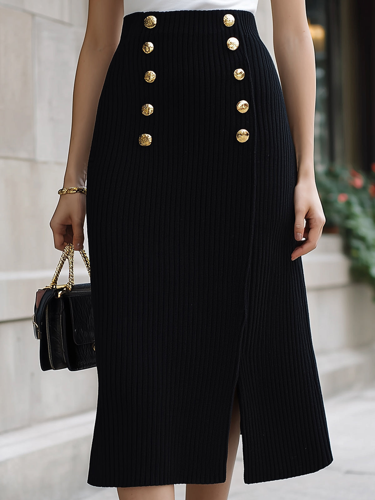 ElevenOra Chic Elegant Black High Waist Gold Button Details Slit A-Line Ribbed Knit Midi Skirt