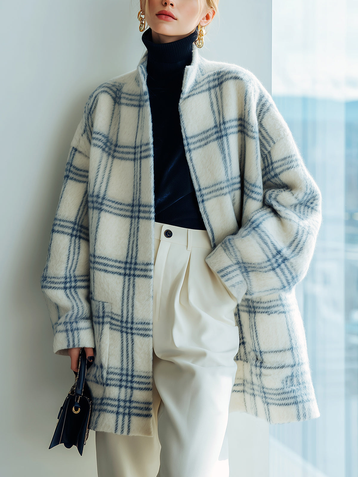 ElevenOra Chic Vintage Navy Plaid Wool Blend Stand Collar Slouchy Mid-Length Fuzzy Jacket