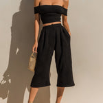 ElevenOra Chic Elegant Black Off-The-Shoulder Slim-Fit Cropped Top Wide-Leg Cropped Pants Ribbed Knit Two-Piece Set
