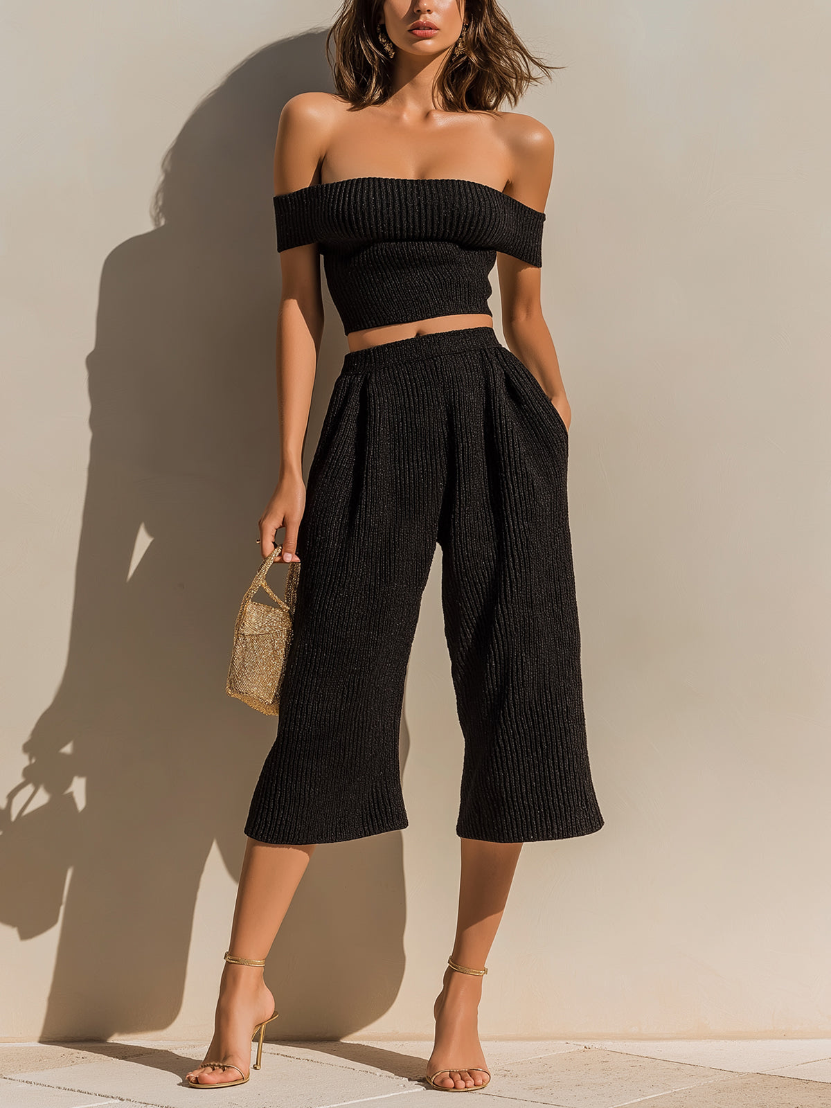 ElevenOra Chic Elegant Black Off-The-Shoulder Slim-Fit Cropped Top Wide-Leg Cropped Pants Ribbed Knit Two-Piece Set