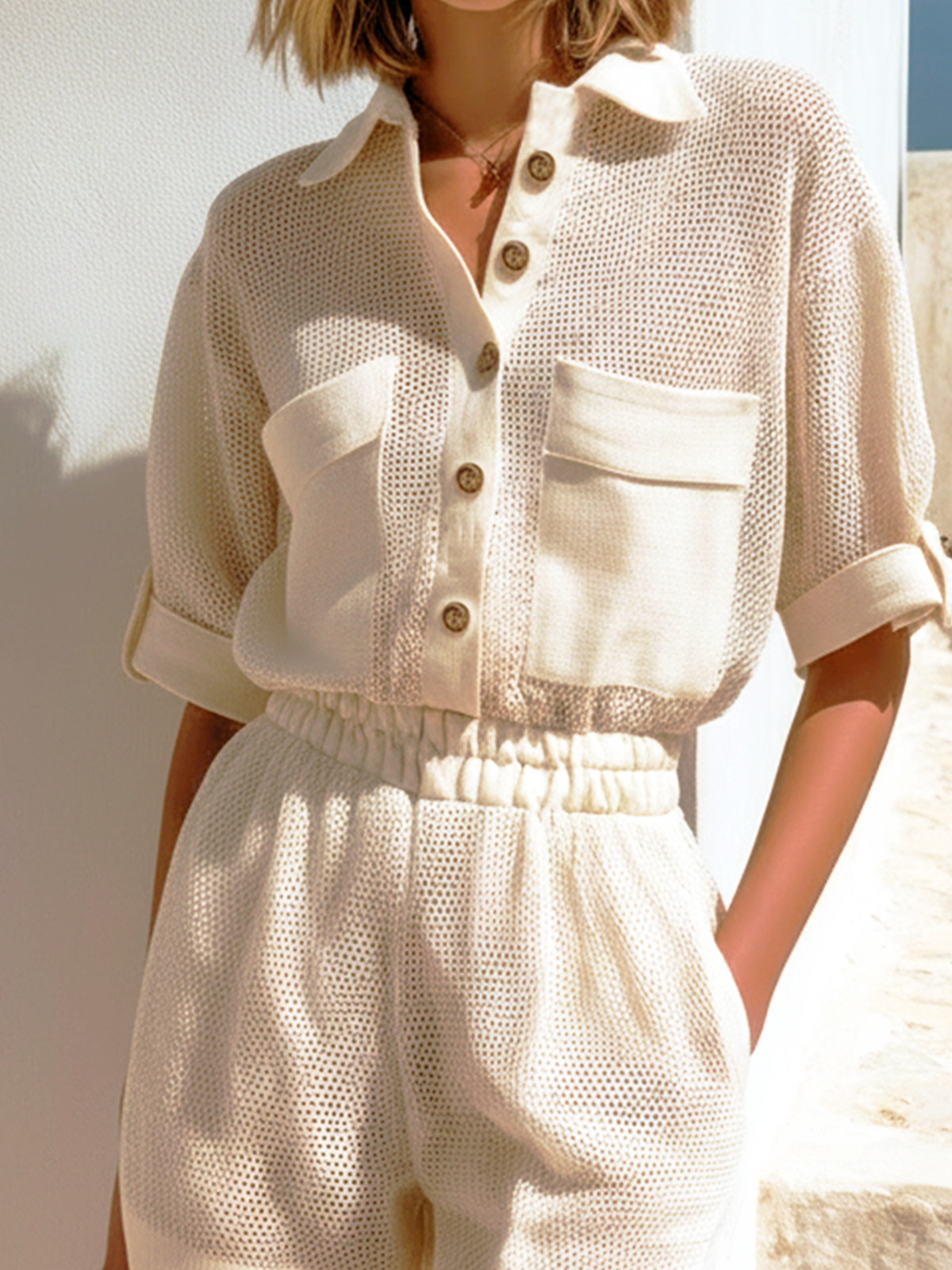 ElevenOra Chic Elegant White Lapel Collar Button-Down Patch Pocket Loose Elastic Waist Knit Romper