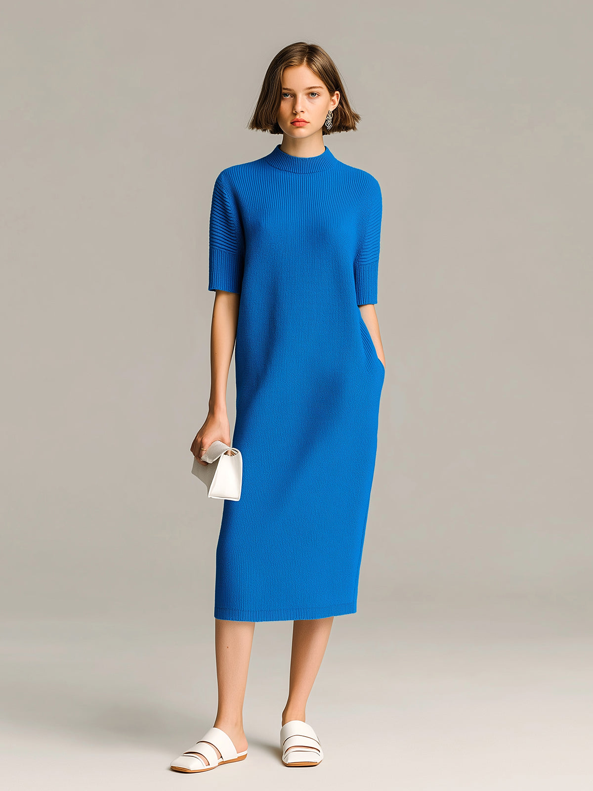 ElevenOra Chic Vintage Royal Blue Round Neck Short-Sleeve Loose-Fit Ribbed Knit Midi Dress