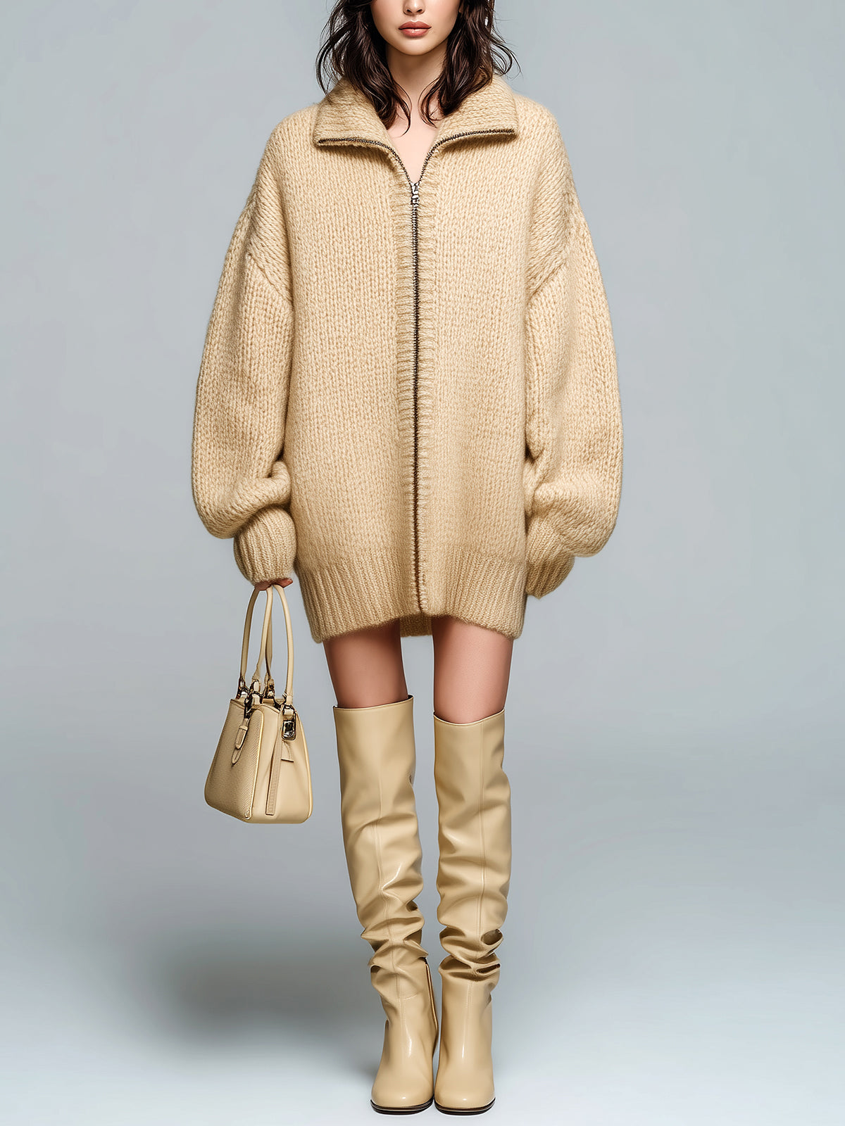 ElevenOra Chic Casual Beige Lapel Zip-Up Lantern Sleeve Slouchy Knit Cardigan