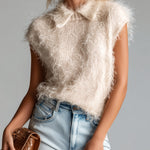 ElevenOra Chic Casual Beige Lapel Collar Sleeveless Loose-Fit Fuzzy Knit Vest Top