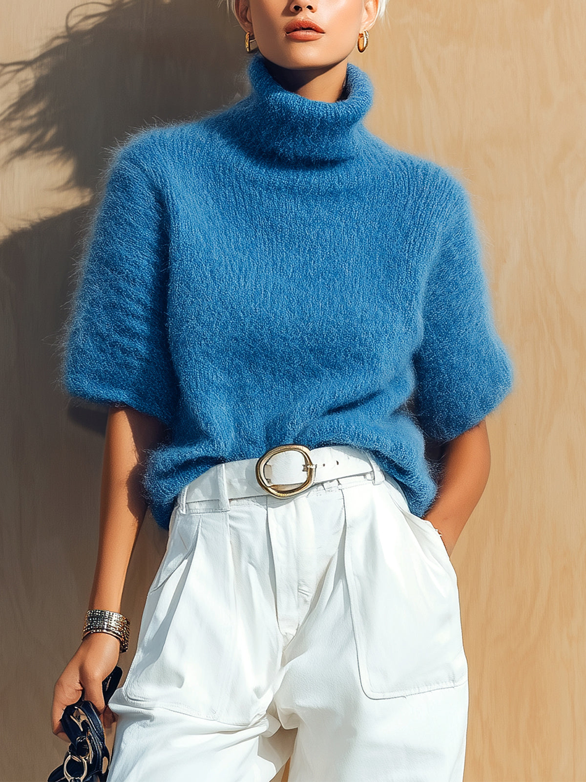 ElevenOra Chic Vintage Royal Blue Turtleneck Short-Sleeve Oversized Fuzzy Knit Sweater Top