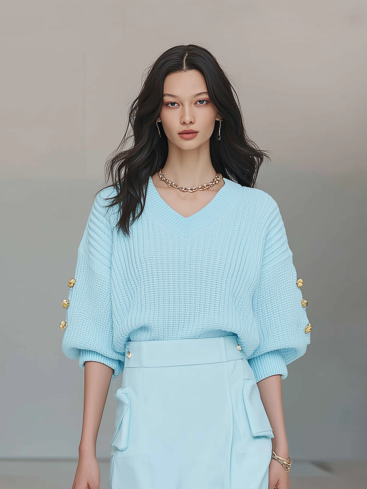 ElevenOra Chic Casual Blue V-Neck Short Sleeve Button Oversized Ribbed Knit Sweater