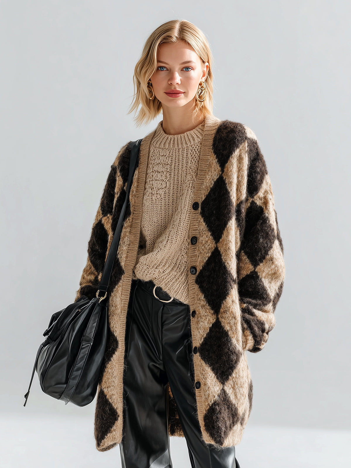 ElevenOra Chic Vintage Contrast Argyle Oversized Long Sleeve Mid-Length Fuzzy Knit Cardigan