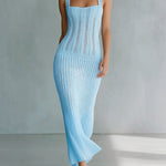 ElevenOra Chic Elegant Blue Square Neck Sleeveless Slim-Fit Hollow Ribbed Knit Holiday Maxi Dress